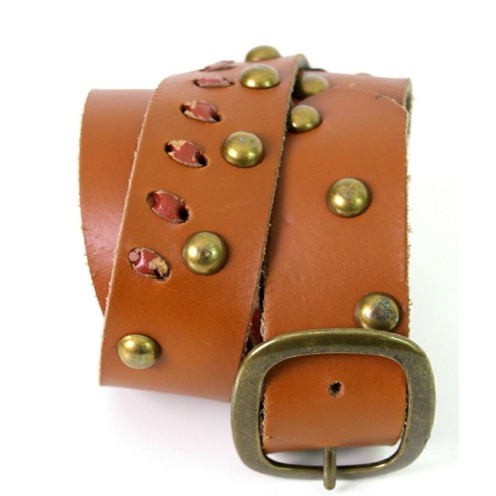PERFORATED BROWN GENUINE LEATHER 1.5"W STUDDED CASUAL WOMEN'S BELT L 36" (G16 - Picture 6 of 9